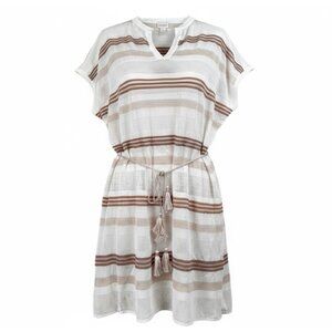 Chicos Cover Up Striped Open Knit Tassel Tie Waist Tunic Dress Beige Tan Medium